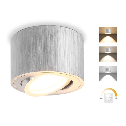 GeyouLux LED Aufbauspot Dimmbar - Extra Flach & 30° Schwenkbar Ø80x50mm Deckenspots Alu Gebürstet - inkl. 5W 500LM LED Modul 230V - 3000K/4000K/6500K Aufbauleuchte Aufputz Spots Aufbaustrahler 1 Stück von GeyouLux
