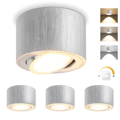 GeyouLux LED Aufbauspot Dimmbar - Extra Flach & 30° Schwenkbar Ø80x50mm Deckenspots Alu Gebürstet - inkl. 5W 500LM LED Modul 230V - 3000K/4000K/6500K Aufbauleuchte Aufputz Spots Aufbaustrahler 4 Stück von GeyouLux