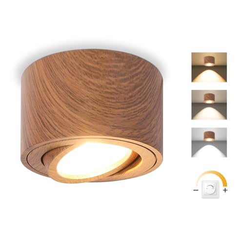 GeyouLux LED Aufbauspot Dimmbar - Extra Flach & 30° Schwenkbar Ø80x50mm Deckenspots Dunkles Holz - inkl. 5W 500LM LED Modul 230V - 3000K/4000K/6500K Aufbauleuchte Aufputz Spots Aufbaustrahler 1 Stück von GeyouLux