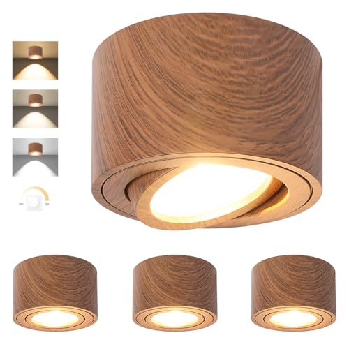 GeyouLux LED Aufbauspot Dimmbar - Extra Flach & 30° Schwenkbar Ø80x50mm Deckenspots Dunkles Holz - inkl. 5W 500LM LED Modul 230V - 3000K/4000K/6500K Aufbauleuchte Aufputz Spots Aufbaustrahler 4 Stück von GeyouLux