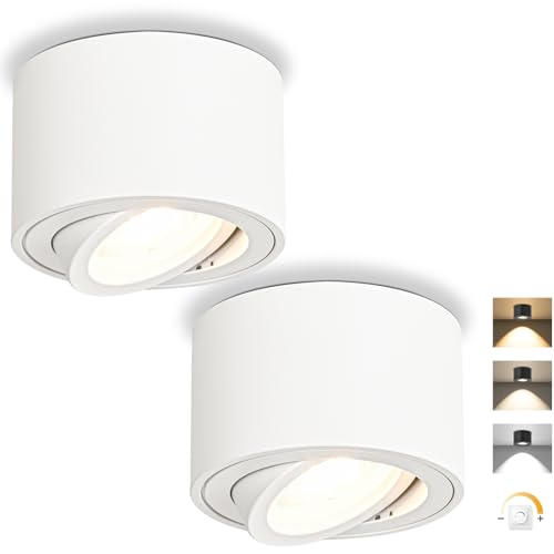 GeyouLux LED Aufbauspot Dimmbar Weiß - Extra Flach 30° Schwenkbar Ø80x50mm Deckenspots - 5W 500LM LED Modul 230V - 3000K/4000K/6500K Aufbauleuchte Aufputz Spots Aufbaustrahler Rund 2 Stück von GeyouLux
