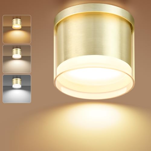GeyouLux LED Aufbauspot Ø90×85mm Deckenspots 3CCT Aluminium LED Aufbaustrahler inkl. 7W 800LM GX53 LED Leuchtmittel Aufputz Spots Deckenleuchte 3000K/4000K/6500K Gold Rund 1 Stück von GeyouLux