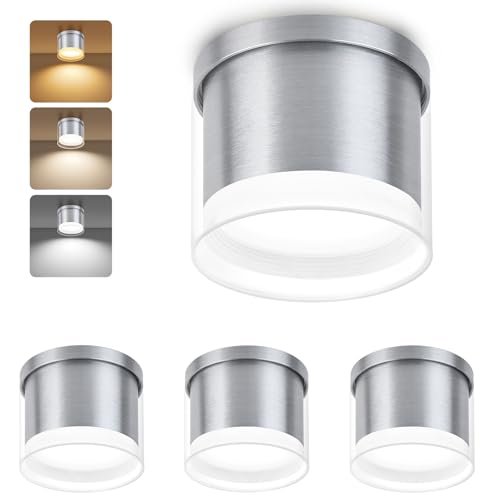 GeyouLux LED Aufbauspot Ø90×86mm Deckenspots 3CCT Aluminium LED Aufbaustrahler inkl. 7W 800LM GX53 LED Leuchtmittel Aufputz Spots Deckenlampe 3000K/4000K/6500K Grau Rund 4 Stück von GeyouLux