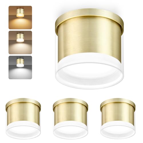 GeyouLux LED Aufbauspot Ø90×86mm Deckenspots 3CCT Aluminium LED Aufbaustrahler inkl. 7W 800LM GX53 LED Leuchtmittel Aufputz Spots Deckenleuchte 3000K/4000K/6500K Gold Rund 4 Stück von GeyouLux