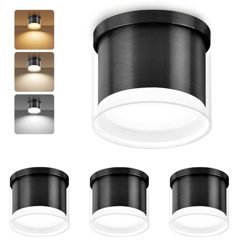 GeyouLux LED Aufbauspot Ø90×86mm Deckenspots 3CCT Aluminium LED Aufbaustrahler inkl. 7W 800LM GX53 LED Leuchtmittel Aufputz Spots Deckenleuchte 3000K/4000K/6500K Schwarz Rund 4 Stück von GeyouLux