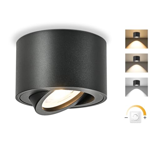 GeyouLux LED Aufbauspots Dimmbar - Extra Flach 30° Schwenkbar Ø80x50mm Deckenstrahler Schwarz - 5W 500LM LED Modul 230V - 3000K/4000K/6500K Aufbauleuchte Aufputz Spots Aufbaustrahler Rund 1 Stück von GeyouLux