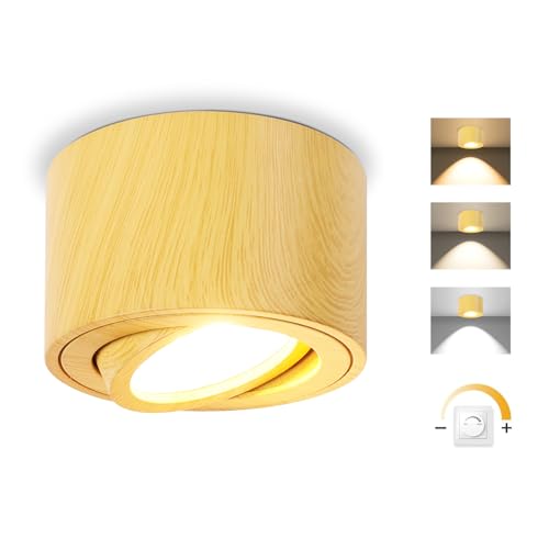 GeyouLux LED Aufbauspots Dimmbar - Extra Flach & 30° Schwenkbar Ø80x50mm Deckenspots Holz - inkl. 5W 500LM LED Modul 230V - 3000K/4000K/6500K Aufbauleuchte Aufputz Spots Aufbaustrahler Rund 1 Stück von GeyouLux