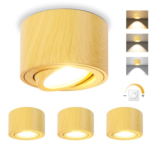 GeyouLux LED Aufbauspots Dimmbar - Extra Flach & 30° Schwenkbar Ø80x50mm Deckenspots Holz - inkl. 5W 500LM LED Modul 230V - 3000K/4000K/6500K Aufbauleuchte Aufputz Spots Aufbaustrahler Rund 4 Stück von GeyouLux