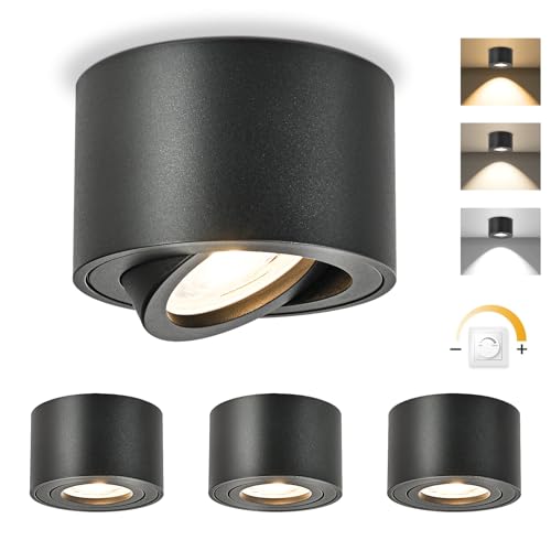 GeyouLux LED Aufbauspots Dimmbar - Extra Flach & 30° Schwenkbar Ø80x50mm Deckenspots Schwarz - inkl. 5W 500LM LED Modul 230V - 3000K/4000K/6500K Aufbauleuchte Aufputz Spots Aufbaustrahler Rund 4 Stück von GeyouLux