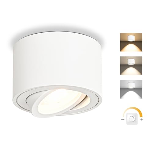 GeyouLux LED Aufbauspots Dimmbar Weiß - Extra Flach 30° Schwenkbar Ø80x50mm Deckenspots - 5W 500LM LED Modul 230V - 3000K/4000K/6500K Aufbauleuchte Aufputz Spots Aufbaustrahler Rund 1 Stück von GeyouLux