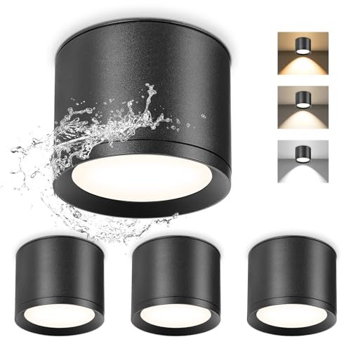 GeyouLux LED Aufbauspots IP44 3CCT Deckenspots Schwarz inkl. 7W 800LM LED Leuchtmittel 3000K/4500K/6500K Aufbauleuchte Aufputz Spots Aufbaustrahler für Badezimmer, Flur, Wohnzimmer Rund 4 Stück von GeyouLux