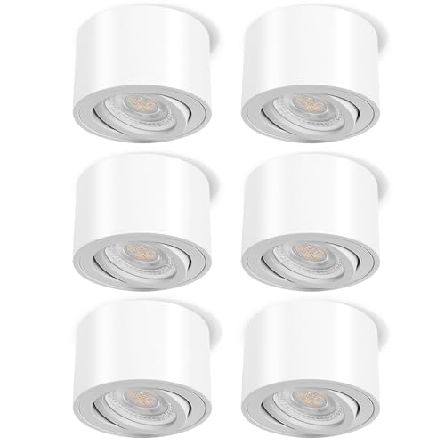 GeyouLux 6 Stück Aufbauspot Weiß 5W 500LM Flach Aufbaustrahler 3000K Warmweiß 30°Drehung Aluminium LED Deckenspots Φ80×50mm Aufbauleuchte Deckenleuchte inkl Abnehmbares LED Modul 230V von GeyouLux