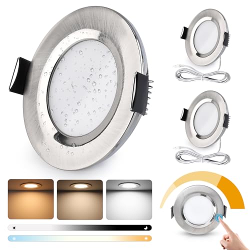 GeyouLux LED Einbaustrahler 12V Dimmbar Touch-Control, 3000K-4000K-6000K LED Spot 12V,IP44 Einbauleuchten, 3W Einbauspots 58-62mm für Wohnmobil Wohnwagen Kleiderschrank, Nickel 3er Set von GeyouLux