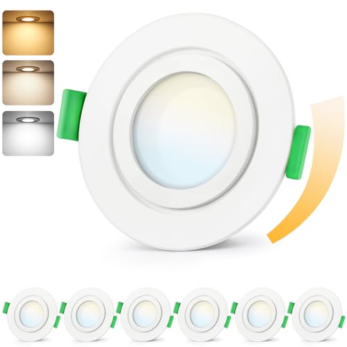 GeyouLux LED Einbaustrahler 230V Dimmbar 65mm, 5W IP65 Deckenspots, Einbauleuchten, 2700K Warmweiß 4000K Neutralweiß 6000K Kaltweiß Ultra Flach Einbauspots, 3CCT Spots für Badezimmer 6er Set Weiß von GeyouLux