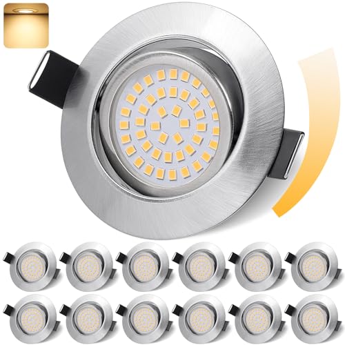 GeyouLux LED Einbaustrahler 230V Dimmbar 68mm 6W IP44 LED Spots 45° Schwenkbar 3000K Warmweiß Deckenspots für Badezimmer Küche Wohnzimmer Einbauspots Flach Einbauleuchten Nickel 12er set von GeyouLux