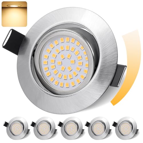 GeyouLux LED Einbaustrahler 230V Dimmbar 68mm 6W IP44 LED Spots 45° Schwenkbar 3000K Warmweiß Deckenspots für Badezimmer Küche Wohnzimmer Einbauspots Flach Einbauleuchten Nickel 6er set von GeyouLux