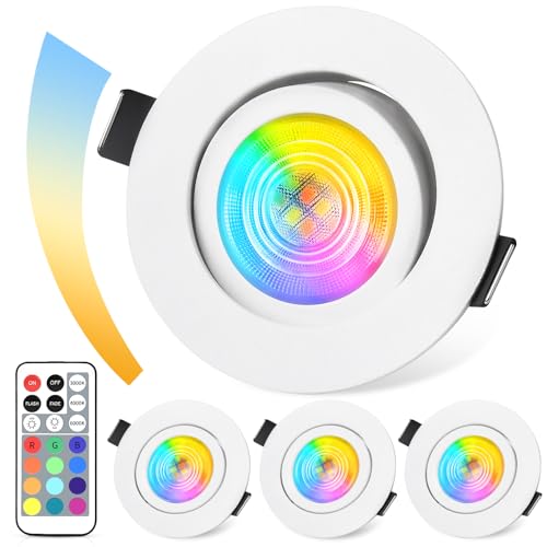 GeyouLux LED Einbaustrahler Dimmbar RGB,Led Spot 230V 68mm Aluminium,IP44 5W 3CCT 3000K/4000K/6000K Einbauleuchten,38° + 45° Schwenkbar Deckenspots Weißes mit IR Fernbedienung für Badezimmer,4 stück von GeyouLux