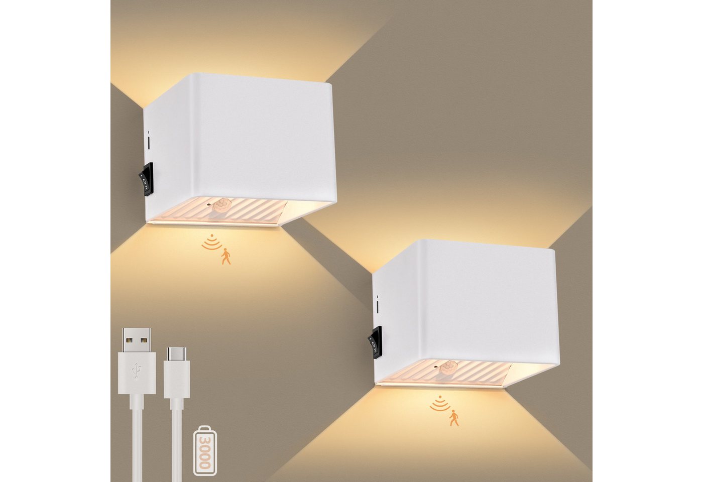 GeyouLux Wandleuchte mit 3000mAh Akku & Bewegungsmelder, 5W 3 Modi 3000K, LED fest integriert, Warmlicht, 2 Stück Aufladbare Wandleuchte Innen von GeyouLux