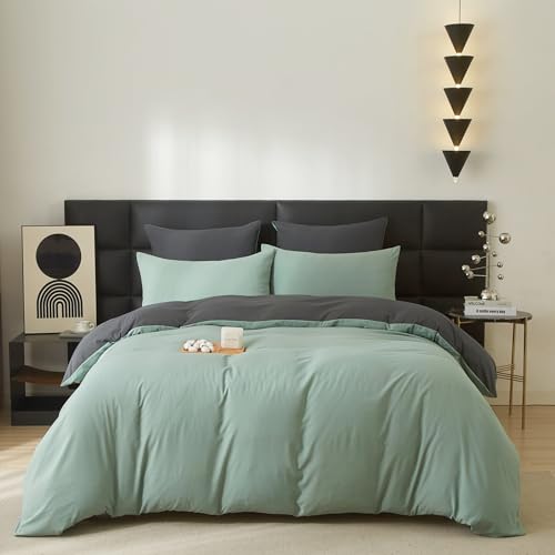 Baumwolle Bettwäsche 155x220cm Grün Salbeigrün 3Teilig Doppelbett Uni Bettwäsche Set Weiche ÖkoTex Zertifiziert für Allergiker Weich Bettbezug Baumwolle und 2 Kissenbezüge 80x80 mit Reissverschluss von Gezu