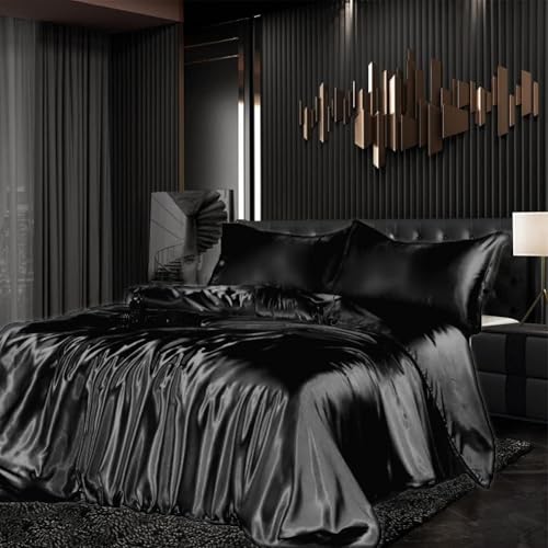 Bettwäsche Set Satin 155x220cm 3teilig Schwarz Silky Touch Glänzend Seide Einfarbig Bettbezug Set Glatt Luxus Schwarze Bettwäsche Set weicher Doppelbettmit Reissverschluss und Kissenbezüge 80x80cm von Gezu