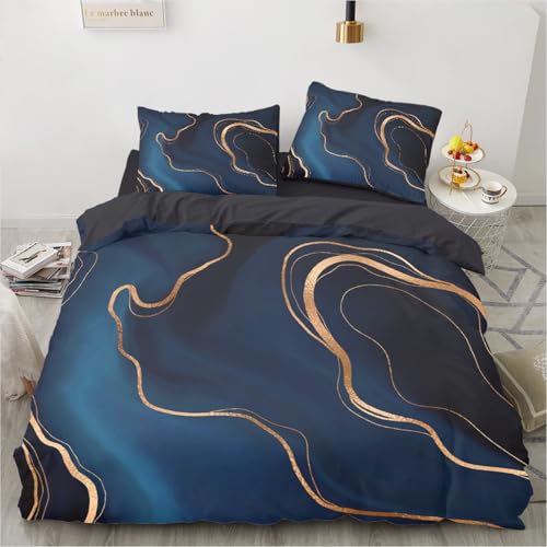 Gezu 3D Marmor Bettwäsche Blau 135x200 2er Set Aesthetic Gold Marmor Bettwäsche Set Microfaser Luxus Modern Bettbezug Set mit Metallic-Glitzermuster Wendebettwäsche mit Reißverschluss und 1Kissenbezug von Gezu
