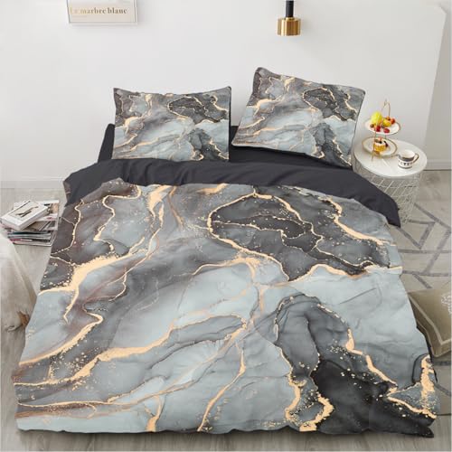 Gezu 3D Marmor Bettwäsche Grau 135x200 2er Set Aesthetic Gold Marmor Bettwäsche Set Microfaser Luxus Modern Bettbezug Set mit Metallic-Glitzermuster Wendebettwäsche mit Reißverschluss und 1Kissenbezug von Gezu