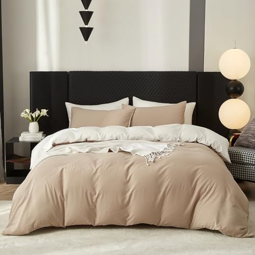 Gezu Baumwolle Bettwäsche 220x200cm Beige Creme weiß 3Teilig Einfarbig Uni Ästhetik Doppelbett Weich Baumwollbettwäsche Wende Bettwäsche Bettbezug 200x220cm und 2 Kissenbezug 80x80 mit Reißverschluss von Gezu