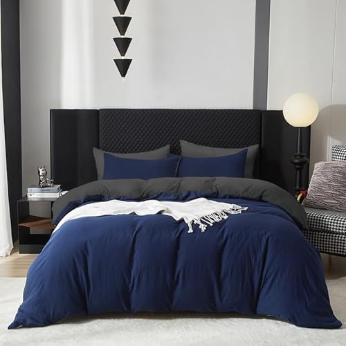 Gezu Baumwolle Bettwäsche 220x200cm Blau Dunkelblau Grau 3Teilig Einfarbig Uni Ästhetik Doppelbett Weich Baumwollbettwäsche Wende Bettwäsche Bettbezug 220x200 und 2Kissenbezug 80x80 mit Reißverschluss von Gezu