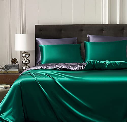 Gezu Bettbezug 220x240cm Satin Grün Dunkelgrün Einfarbig Wendebettwäsche Grau Dunkelgrau Seide Glatt Seidig Glänzend Bettwäsche-Set für Doppelbett mit 2 Kopfkissenbezügen 80x80cm mit Reißverschluss von Gezu