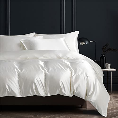 Gezu Bettbezug 240 x 260 cm, Satin, weiß, einfarbig, Seide, seidig glänzend, weich, Bettwäschegarnitur für 2 Personen mit 2 Kissenbezügen 65 x 65 cm, mit Reißverschluss von Gezu