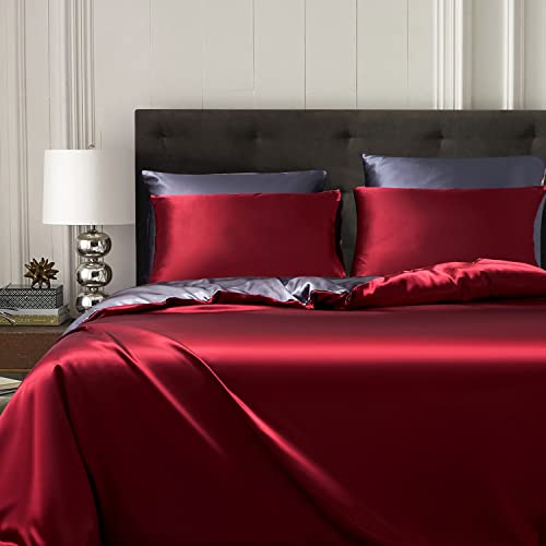 Gezu Bettbezug Rot 220x240cm Satin Weinrot Einfarbig Wendebettwäsche Grau Dunkelgrau Seide Glatt Seidig Glänzend Bettwäsche-Set für Doppelbett mit 2 Kopfkissenbezügen 80x80cm mit Reißverschluss von Gezu