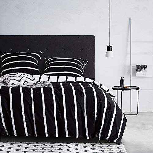 Gezu Bettbezug gestreift, 140 x 200 cm, Schwarz und Weiß, wendbar, Bettwäsche mit 1 Kissenbezug 65 x 65 cm, mit Reißverschluss, Mikrofaser, Bettwäsche-Set für Einzelbett von Gezu