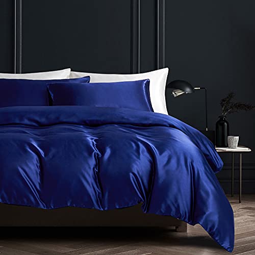 Gezu Bettwäsche, 240 x 260 cm, Satin, Blau, Uni, Bettwäsche für Doppelbett, Seide, seidig glänzend, weich, mit 2 Kissenbezügen, 65 x 65 cm, mit Reißverschluss von Gezu