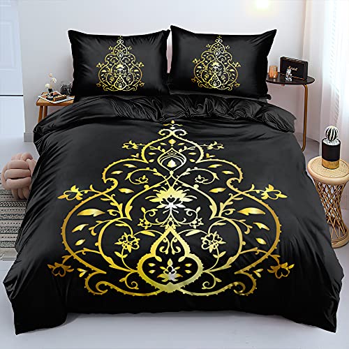 Gezu Bettwäsche 135x200cm 4Teilig Schwarz Gold Vintage Barock Muster Blumen Wende Bettwäsche Set 3D Effekt Druck Microfaser Bettbezug und 2 Kissenbezüge 80x80cm mit Reißverschluss von Gezu