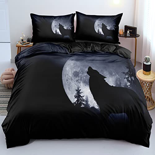 Gezu Bettwäsche 135x200cm 4Teilig Wolf Mond Nachtmotiv Schwarz Weiß Kinder Erwachsene Wende Bettwäsche Set 3D Effekt Druck Microfaser 2 Bettbezüge und 2 Kissenbezüge 80x80cm mit Reißverschluss von Gezu