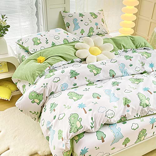 Gezu Bettwäsche 135x200cm Kinder Dinosaurier mit Cartoon-Muster Weiß Grün Weich und Bügelfrei Wende Bettbezug Set und Kissenbezug 80x80cm mit Reißverschluss von Gezu