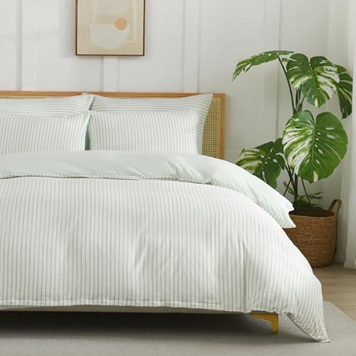Gezu Bettwäsche 155x220cm Gestreift Streifen Grün Weiß 3teilig Muster Modern Wendebettwäsche Set Atmungsaktive Weich Microfaser Bettbezug 155x220cm und 2 Kissenbezug 80x80cm mit Reißverschluss von Gezu