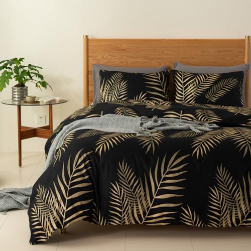 Gezu Bettwäsche 155x220cm Gold Schwarz Blätter Muster Bettbezug Set 3 Teilig Weiche Atmungsaktiv Microfaser Deckenbezug Bettbezug 155x220cm mit Verdecktem Reißverschluss und 2 Kopfkissenbezug 80x80cm von Gezu