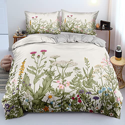 Gezu Bettwäsche 155x220cm Grün Blumen Blumenwiese Blumenmuster Wende Bettwäsche Set 3D Effekt Druck Microfaser Bettbezug und 2 Kissenbezüge 80x80cm mit Reißverschluss von Gezu