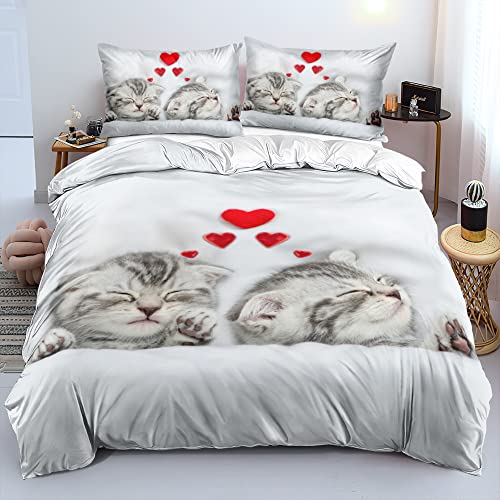 Gezu Bettwäsche 155x220cm Katze Katzenmotiv Grau Weiß Herzen Rot Wende Bettwäsche Set 3D Effekt Druck Microfaser Bettbezug und 2 Kissenbezüge 80x80cm mit Reißverschluss von Gezu