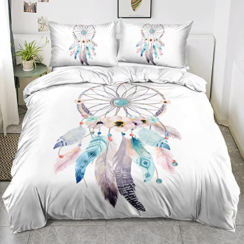 Gezu Bettwäsche 155x220cm Traumfänger Federn Motiv Boho Style Wende Bettwäsche Set 3D Effekt Druck Microfaser Bettbezug und 2 Kissenbezüge 80x80cm mit Reißverschluss von Gezu