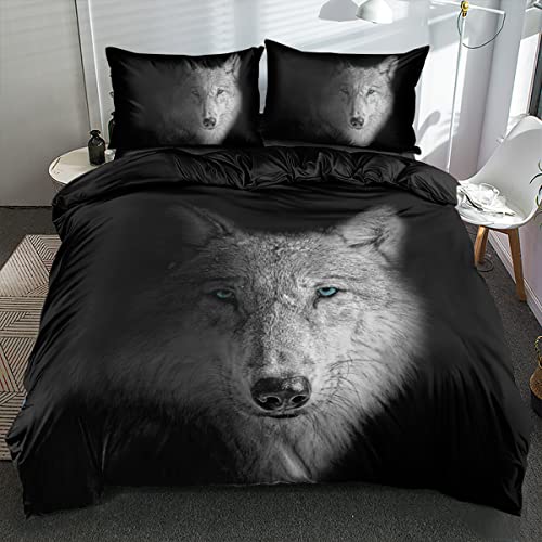 Gezu Bettwäsche 155x220cm Wolf Motiv Grau Schwarz Kinder Erwachsene Wende Bettwäsche Set 3D Effekt Druck Microfaser Bettbezug und 2 Kissenbezüge 80x80cm mit Reißverschluss von Gezu