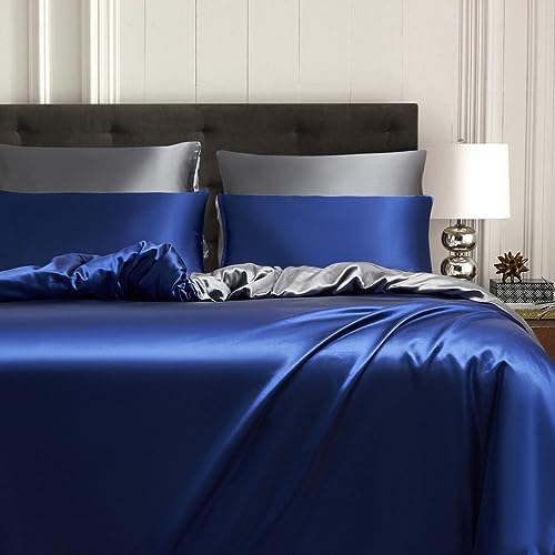 Gezu Bettwäsche Blau 200x220cm Satin Glänzend Dunkelblau Königsblau Seide Glatt Glanzsatin Bettwäsche Einfarbig Wendebettwäsche Grau Dunkelgrau Luxus Bettbezug Set mit Reissverschluss und Kissenbezug von Gezu