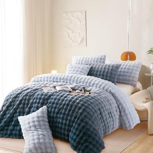 Gezu Bettwäsche Plüsch 220x240cm Winter Warm Farbverlauf Blau Hellblau Winterbettwäsche Warm Kuschelig Flanell Fleece Kunstfell Kaninchen Bettbezug 240x220 mit Reißverschluss und 2 Kissenbezug 80x80cm von Gezu