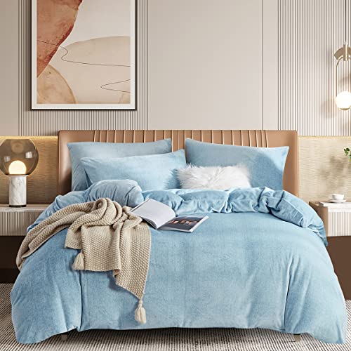 Gezu Cashmere Touch Bettwäsche 220x240cm Winter Flauschig Blau Hellblau Nicky-Teddy Plüsch Bettwäsche Set und Kissenbezug 80x80cm Wendebettwäsche Garnitur Set mit Reißverschluss von Gezu