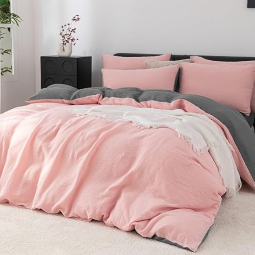 Gezu Doppelte Muslin Bettwäsche 135x200 Baumwolle Rosa Grau 4teilig Flaches Leinenartiges Bettwäsche-Sets mit 2 Kissenbezüge 80x80,ÖEKO-TEX® Zertifiziert Bettbezug Baumwolle mit Reißverschluss von Gezu