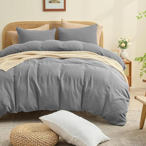 Gezu Doppelte Muslin Bettwäsche 135x200cm Grau 100% Baumwolle Muslin Bettwäsche-Sets Set Bettbezug mit 2Kissenbezüge 80x80cm Sehr Atmungsaktiv Bequem Bettwäsche Doppelbett mit Reißverschluss von Gezu