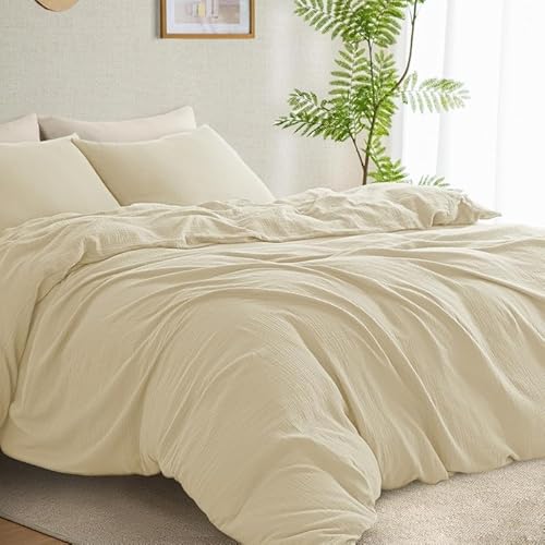 Gezu Muslin Bettwäsche 135x200 cm Beige 100% Baumwolle Muslin Bettwäsche-Sets Leinen Set Bettbezug mit 2Kissenbezüge 80x80cm Sehr Atmungsaktiv Bequem Bettwäsche Doppelbett mit Reißverschluss von Gezu