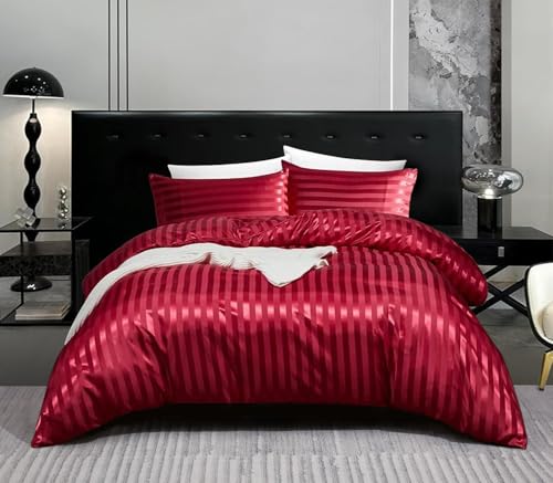 Gezu Satin Bettwäsche 155x220cm Weinrot Rot Glänzend Silky Satin Gestreift Sommer Bettwäsche Set Glänzend Luxus Uni Seide Reissverschluss Bettbezug Set mit Gestreift Muster und Kissenbezüge 80x80cm von Gezu