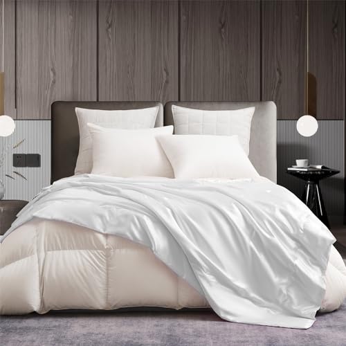 Gezu Satin Decke 200x200 Weiß - Kühlende Seidige Seide Sommerdecke Leicht Weich Luxus Glatt Glänzend Tagesdecke Kuscheldecke für Bett Sofa Couch Schlafzimmer Büro Reisen von Gezu